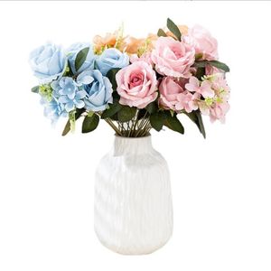 ONE Faux Flower Rose & Hydrangea 9 Stems per Bunch Simulation Autumn Rosa for Wedding Home Decorative Artificial Flowers