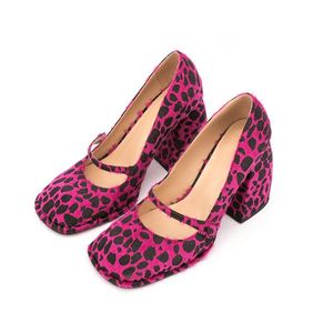Klänningskor Leopard Mary Janes Ladies Imitation HorseHair Kvinnor Elegant Rose Red Pumps Square Toe Hoof Heels Buckle Strap Shoedress