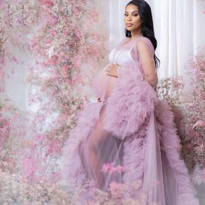 Casual Dresses Pretty Lavender See Thru Long Tulle Maternity Dress To Po Shoots Ruffled Tiered Robe Full Sleeves Women DressesCasual