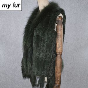 Party Women Real Rabbit Fur Vest Sticked Tassels Real äkta Rabbit Fur Gilet Real Raccoon Fur Collar Waistcoat 201103