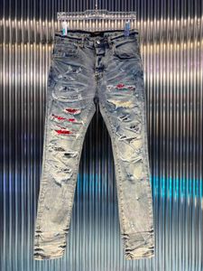 Jeans European y Americano Jeans Amirss Men Jean Pants High Street Knife Cutting La pesada industria destruye agujeros y erosiones, P
