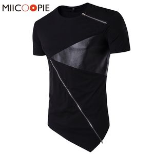 T Shirt Men Personality tailoring Long Patchwork Leather Zipper Tshirt Men Hiphop Short Sleeve Longline Casual Top Tee 220521