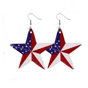 Amerikanische Flagge Ohrringe großhandel-Charme amerikanische Flagge Leder Ohrringe Fünf spitzer Stern Unabhängigkeitstag doppelseitig gedruckt PU Ohrringe