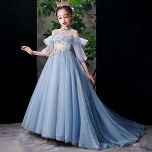 Arapça 2024 Çiçek Dantelli Kız Top Çocuk Pageant Elbiseleri Uzun Tren Güzel Küçük Çocuklar Flowergirl Elbise Resmi Çiçek Kız Önlük 403