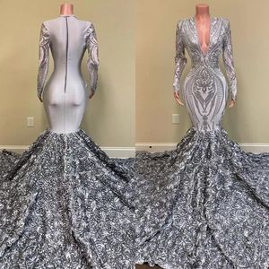 Gümüş Afrikalı Kızlar Uzun Balo Elbiseleri 2022 Denizkızı V Boyun Tam Kollu 3D Çiçekler Tren Kadınlar Resmi Parti Gece Elbisesi B0510