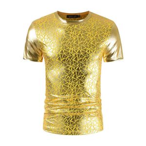 Shiny Gold Coated Metallic T Shirt Men 2022 Summer New O-neck Slim Fit Short Sleeve Tshirt Hipster Men Nightclub Teen T-shirt L220704