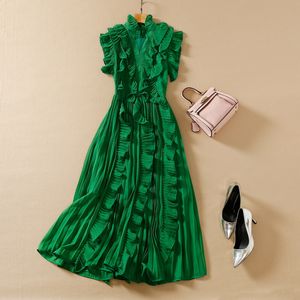 European and American womens wear spring 2022 new Short sleeves standing collar ear edge Fashionable pleated slim dress