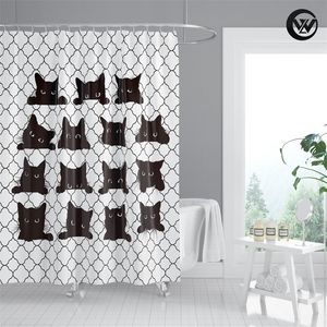 Fashion Printed Peeking Cute Black Cat White Geometry Shower Curtain, Mildew Resistant Waterproof Bathroom Accessories Sets 220429