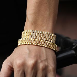 Hip Hop CZ Stone Paved Bling Iced Out Watch Band Link Chain Bracelets Bangle for Men Rapper Jewelry Drop Gold W220419