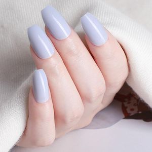 False Nails 24Pcs Glossy Grey Blue Short Ballerina Coffin Fake Nail With Jelly Glue Artificial Press On DIY Manicure Tools Prud22