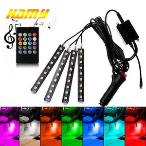 カーUSB LED RGB Atmosphereストリップライトリモートボイスコントロールインテリアスタイリング装飾RGB LEDダイナミックアンビエントストリップライトY220708