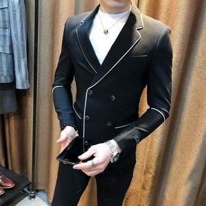 Kontrast Piping Black White Mens Blazer High Fashion Double Breasted Blazer Jacket Men Korean Slim Fit Stylish Blazer Hombre 201104