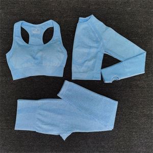 Kvinnor sömlösa yoga set fiess sport kostymer gym trasa lång ärm tröjor hög midja löpande leggings träningskläder 220330