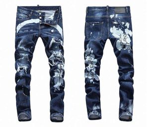 Dsqsabcd 2 dsq marca masculina jeans elásticos calças jeans retas zíper retalhos fino buraco azul para homem 81 zwo s dsq2 790