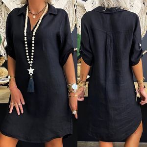 Mode Sexy Frauen Lose Kleid Streetwear Strand Urlaub Übergroßen Solide Baumwolle Leinen Drehen Unten Kragen Hemd Vestidos 220521