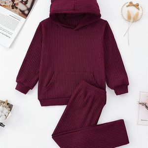 Wholesale burgundy hood resale online - Toddler Girls Solid Rib Knit D Ear Kangaroo Pocket Hoodie Pants SHE05