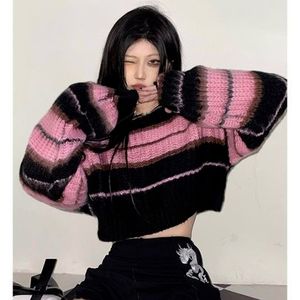 Deeptown Y2K Korean Style Pink Cropped Sweater Women Striped Jumper Vintage Female Autumn Long Sleeve Crewneck Pullovers Tops 220809