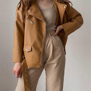 FTLZZ Spring Autumn Women Brown Faux Leather Jacket Moto Biker Punk Style PU Coat Casual Loose Locomotive Outwear with Belt 220815