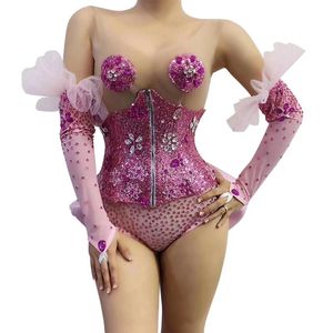 Women's Two Piece Pants Pink Sleeveless Floral Rhinestone Party Bodysuit With Crystal Girdle Gloves Women Nightclub Pole Dance Leotard Stage