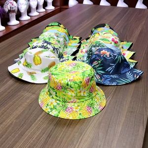 Summer Women Girls Bucket Hat Rural Style Cotton Fisherman Hats Fruits Pineapple Banana Leaf Printing Visor Caps Double-sided Wear Fishing Comfortable