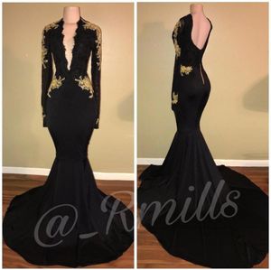 UPS 2022 Elegant Deep V Neck Black Girl Mermaid Prom Dresses Gold Appliques Long Sleeves Evening Gowns Formal Wear