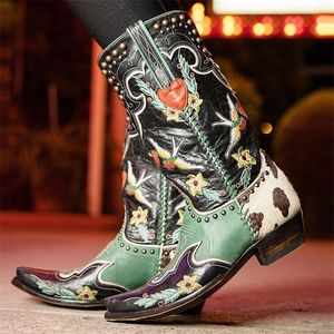 BONJOMARISA Western Cowboy Women Cowgirl Mid Calf Boots Heart Retro Embroidered Slip On Chunky Casual Spring Shoes Woman 220810