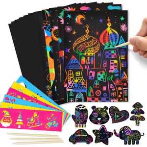 DIY Magic Rainbow Color Art Paper Card Set With Graffiti Stencil Drawing Board Stick Scraping Painting Educational Toys Gifts