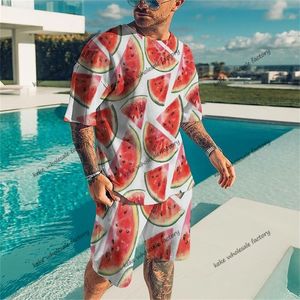 T-shot de plage décontracté 3D Fruit pastèque Men d'été imprimé Sets 2 pièces T-shirts shorts Tracksuit Custom Hip Hop Sportwear Suit 220817