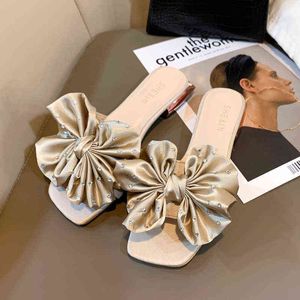 Summer Solid Bow Tisters Women Square Heel Sandal 2022 Fashion Thick High Heels Outdoor Party Slides Ladies Sandals Shoes G220518