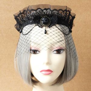 Avancerad svart spetspannband krona med slöja retro stil tygblommor brons kedja tassel mesh mask överdrivna halloween huvudbonad