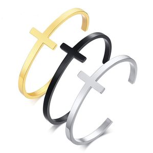 4*60mm Stainless Steel Simple Fashion Smooth Cross Open Cuff Bangle Bracelet For Women Mens Silver/ Gold / Black
