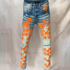 Herr jeans homme mark de luxe orange stjärna läder lapptäcke jean hål reparera streetwear rippade män motorcykel pantmen's