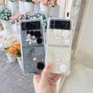 För Samsung Z Flip 3 Case Transparent 3D Rose Glitter Folding Phone Case Acrylic Soft TPU SUCKSPROats