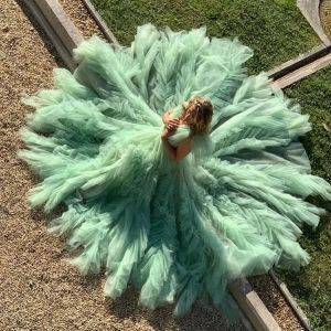 Mint Green Evening Dresses Sleeveless Plunging V Neck A Line Floor Length Ruffles Formal Ocn Prom Party Gown Photography Wear Vestidos 403 403