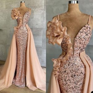 Blush Pink Sequined Prom Dresses Sexy Flower Tiered Ruffles Evening Gowns Party Dress Special Occassion robe
