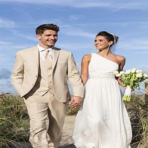 Beżowe mężczyzn garnitury Groomsmen plażowy garnitur ślubny w stylu wiejskim garnitur sztuki guziki Blazer Spods Vest Groom Tuxedos Cu253o