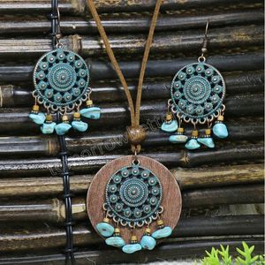 Ethnic Round Bronze Turquoises Necklace Earring Set Wood Beads Hippy Jewelry Bohemian Flower Necklaces