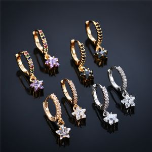 Colorful Star Earrings Hoops Huggies for Women Fashion Style Copper Lady Gold Silver Hanging Party Girls Purple Black White Cubic Zirconia