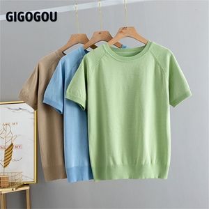 Gigogou 솔리드 여성 티셔츠 짧은 소매 한국어 스타일 슬림 기본 코튼 티셔츠 탑 여성 의류 봄 여름 티셔츠 femme 220325