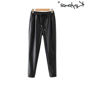 Stylish Pu Leather Pockets Vintage Pants Women 2020 Fashion Elastic Waist Drawstring Tie Ankle Trousers Pantalones Mujer T200324