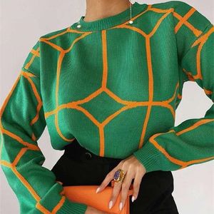 Kvinnors tröja elegant pullover grön randig stickad kvinnkläder vinter långärmad topp jumpers kvinnliga tryck tröjor 220812