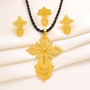 Set di gioielli in oro etiope 24k grande moneta ciondolo collana orecchino anello regali Dubai per le donne Set da sposa africano dell'Eritrea