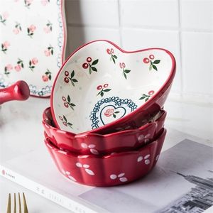 MDZF Ceramic Cherry Bowl Fruit Salad Bowl Heart Round Shape Breakfast Rice Tableware For Kids Cutlery Dessert dles Bowl 220418