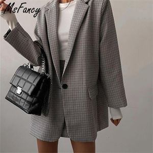 msfancy 격자 무늬 정장 여성 패션 빈티지 블레이저 스커트 세트 Mujer Spring 캐주얼 메일러 Femme Mini 2 피스 220801