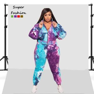 Kvinnors plus-storlek spårdräkter XL-5XL Set 2 Two Piece Pants Suits Women Clothing Långärmad tie Dye Hoodies Löst kläder