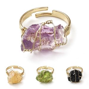 Wholesale natural stone rings women for sale - Group buy Natural Stone Crystal Rings for Women Irregular Wire Wrap Healing Purple Fluorite Gold color Resizable Finger Ring Jewelry Gifts
