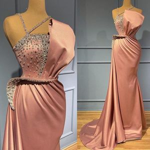 Pink Evening dress long beaded mermaid modest satin formal party dresses vestidos de fiesta de longo