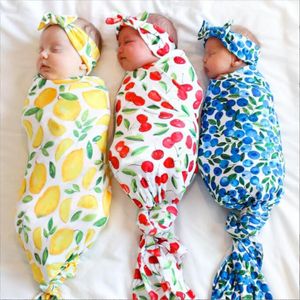 Baby Fruit Print Swaddle Headband Set Nyfödda Tie-Dye Wraps Blankets HairBand kostym Toddler Swaddling Badhanddukar Spädbarn Broder Bedding Quilt Barnlock B8029