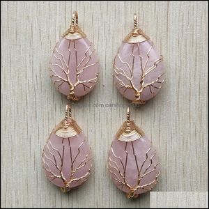 Charms Gold Color Pink Rose Quartz Wire Wrap Handmade Tree Of Life Natural Stone Pendants Diy Necklace Jewelry Making Dr Dhseller2010 Dh1Ti