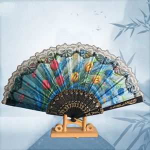 Other Home Decor Fans Hollow Out Rib Peony Print Lace Trim Folding Fabric Hand Fan Colored 20220527 D3